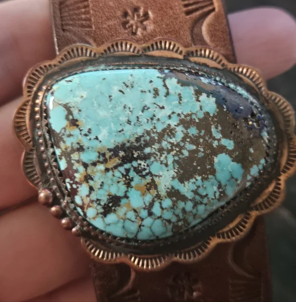 Vintage Handcrafted Turquoise Leather Belt Bracelet - Picture 2 of 10
